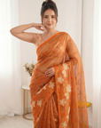 Orange Pure Oris Silk Saree with Embroidered Lotus Buttis & Applique Border