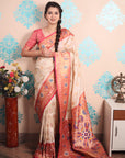 Cream Zari Woven Peacock Paithani Silk Saree