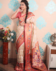 Cream Zari Woven Peacock Paithani Silk Saree