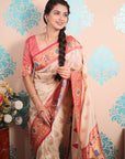 Cream Zari Woven Peacock Paithani Silk Saree