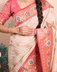 Cream Zari Woven Peacock Paithani Silk Saree