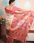 Cream Zari Woven Peacock Paithani Silk Saree