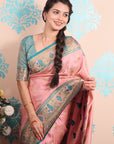 Baby Pink Zari Woven Peacock Paithani Silk Saree