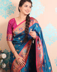 Rama Blue Zari Woven Peacock Paithani Silk Saree