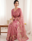 Coral Pure Oris Silk Saree with Embroidered Lotus Buttis & Applique Border
