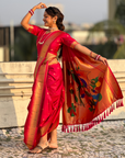 Pink Wedding Special Nauvari Paithani Soft Silk Saree with Zari Woven Polka Motifs and Peacock Pallu