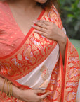 White Red Soft Silk Saree with Baluchari Durga Pooja Zari Woven Saree