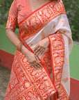 White Red Soft Silk Saree with Baluchari Durga Pooja Zari Woven Saree