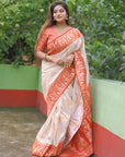 White Red Soft Silk Saree with Baluchari Durga Pooja Zari Woven Saree
