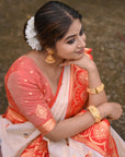 White Red Soft Silk Saree with Flower Butti Durga Pooja Zari Woven Saree