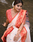 White Red Soft Silk Saree with Flower Butti Durga Pooja Zari Woven Saree