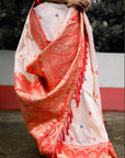 White Red Soft Silk Saree with Flower Butti Durga Pooja Zari Woven Saree