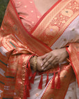 White Red Soft Silk Saree with Butti Durga Pooja Zari Woven Saree