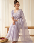 Lavender Pure Raspberry Crush Silk Saree with Lucknowi Embroidery