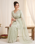 Pista Pure Raspberry Crush Silk Saree with Lucknowi Embroidery