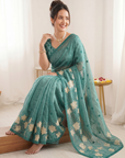 Denim Pure Oris Silk Saree with Embroidered Lotus Buttis & Applique Border