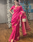 Pink Soft Silk Dual Zari Woven Saree with Peacock Border