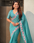 Sky Pure Crush Embroidered Saree with Multicolor Floral Motifs and Cutwork Border