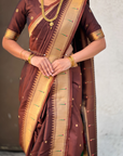 Coffee Wedding Special Nauvari Paithani Soft Silk Saree with Zari Woven Polka Motifs and Peacock Pallu