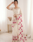 White Pure Oris Silk Saree with Embroidered Lotus Buttis & Applique Border