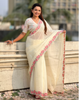 White Pure Crush Embroidered Saree with Multicolor Floral Motifs and Cutwork Border