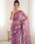 Pink Pure Oris Silk Saree with Embroidered Lotus Buttis & Applique Border