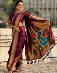 Wine Wedding Special Nauvari Paithani Soft Silk Saree with Zari Woven Polka Motifs and Peacock Pallu