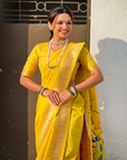 Yellow Wedding Special Nauvari Paithani Soft Silk Saree with Zari Woven Polka Motifs and Peacock Pallu
