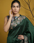 Soft Silk Printed Floral Saree with Rainbow Zari Woven Pallu and Contrast Blouse Festive Party Wear Saree