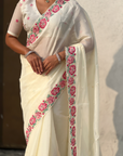 White Pure Crush Embroidered Saree with Multicolor Floral Motifs and Cutwork Border