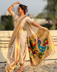 White Wedding Special Nauvari Paithani Soft Silk Saree with Zari Woven Polka Motifs and Peacock Pallu