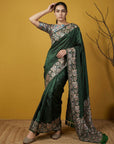Soft Silk Printed Floral Saree with Rainbow Zari Woven Pallu and Contrast Blouse Festive Party Wear Saree