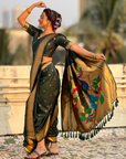 Bottle Green Wedding Special Nauvari Paithani Soft Silk Saree with Zari Woven Polka Motifs and Peacock Pallu