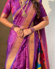 Special Nauvari Paithani Soft Silk Saree witPurple Weddingh Zari Woven Polka Motifs and Peacock Pallu