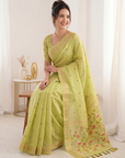 Pista Premium Soft Muga Cotton Saree with Paithani Swan Meenakari Pallu