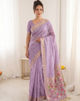 Lavender Premium Soft Muga Cotton Saree with Paithani Swan Meenakari Pallu
