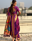 Special Nauvari Paithani Soft Silk Saree witPurple Weddingh Zari Woven Polka Motifs and Peacock Pallu