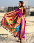Special Nauvari Paithani Soft Silk Saree witPurple Weddingh Zari Woven Polka Motifs and Peacock Pallu