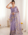 Lavender Pure Oris Silk Saree with Embroidered Lotus Buttis & Applique Border