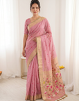 Pink Premium Soft Muga Cotton Saree with Paithani Swan Meenakari Pallu