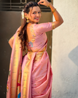 Baby Pink Wedding Special Nauvari Paithani Soft Silk Saree with Zari Woven Polka Motifs and Peacock Pallu