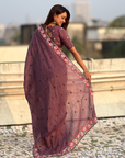 Wine Pure Crush Embroidered Saree with Multicolor Floral Motifs and Cutwork Border