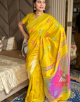 Yellow Soft Silk Ikkat Patola Saree with Meenakari Motifs Peacock Pallu and Gold Zari Border
