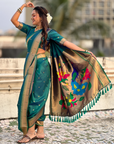 Parrot Green Wedding Special Nauvari Paithani Soft Silk Saree with Zari Woven Polka Motifs and Peacock Pallu