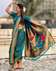 Parrot Green Wedding Special Nauvari Paithani Soft Silk Saree with Zari Woven Polka Motifs and Peacock Pallu