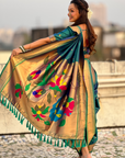 Parrot Green Wedding Special Nauvari Paithani Soft Silk Saree with Zari Woven Polka Motifs and Peacock Pallu