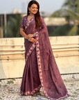 Wine Pure Crush Embroidered Saree with Multicolor Floral Motifs and Cutwork Border