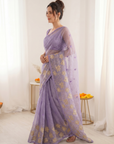 Lavender Pure Oris Silk Saree with Embroidered Lotus Buttis & Applique Border