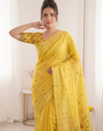Yellow Premium Soft Muga Cotton Saree with Paithani Swan Meenakari Pallu