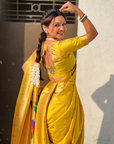 Yellow Wedding Special Nauvari Paithani Soft Silk Saree with Zari Woven Polka Motifs and Peacock Pallu